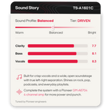 A product information card for the Pioneer TS-A1601C Sound Story amp. The card shows a sound profile slider labeled Balanced and Tier Driven, with bar graphs for Clarity, Bass, and Vocals, and text noting it is built for crisp vocals and compatible with a Pioneer GM-A6704 4-channel amp.
