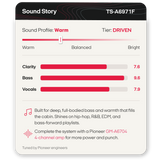 A digital product graphic for a Pioneer TS-A6971F sound profile setting, showing a warm, driven bass and EDM sound with bar charts and text detailing its features.