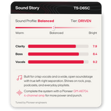 A product information card for a Pioneer sound profile addon, model TS-A653CH. The card shows a 'Sound Profile' slider set to 'Driven' and lists quality scores for Clarity, Bass, and Vocals.
