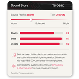 A product information card for a Pioneer TS-D69C audio amplifier, showing a warm sound profile with bar charts for Clarity, Bass, and Vocals, plus feature text and compatibility mention for a Pioneer GM-A6704 4-channel amp.