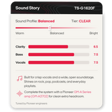 A digital product graphic for a Pioneer TS-G1620F audio system sound profile. The card has a black header and a white background, displaying a 'Sound Profile: Balanced' slider and bar graphs for Clarity, Bass, and Vocals, along with feature text.