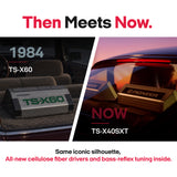 Promotional comparison graphic for Pioneer TS-X60 and TS-X40SXT car doorbell amplifiers. The left panel shows the 1984 TS-X60 in a car interior, and the right panel shows the newer TS-X40SXT mounted near the rear door on a sunset background.