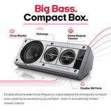 A compact box speaker shown on a white background with marketing text and callouts reading 'Big Bass. Compact Box.