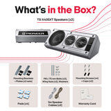 Pioneer TS-X40SXT speakers package shown with the product rendered on a white background and a list of included accessories below, including mounting brackets, screws, pads, cables, and a warranty card.