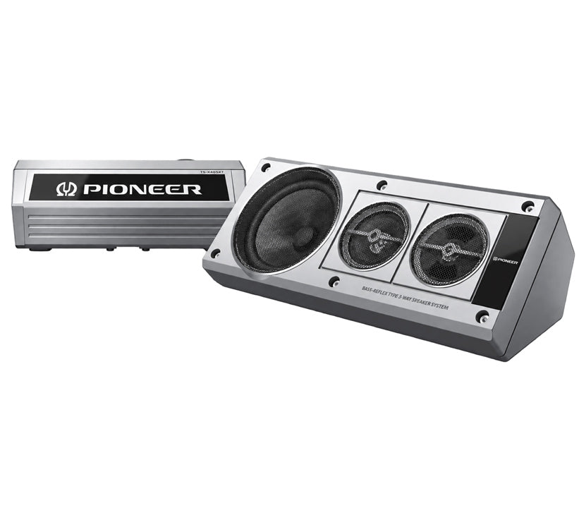 Pioneer audio system components including a silver and black amplifier and a matching speaker enclosure on a white background.
