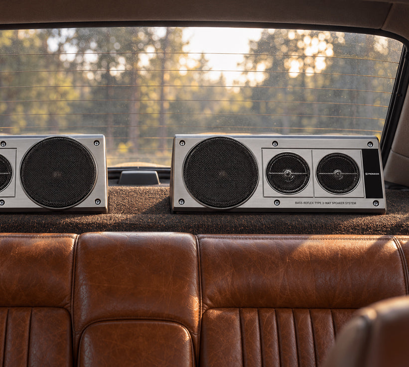 Two rectangular car audio speakers mounted on the back seat of a vehicle, with a brown leather rear bench and a blurred outdoor forest view through the rear window behind them.