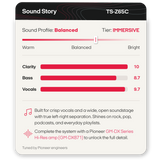A product information card for the Pioneer TS-Z65C Sound Story system. The card shows a sound profile slider labeled 'IMMERSIVE' and bar graphs for Clarity, Bass, and Vocals.