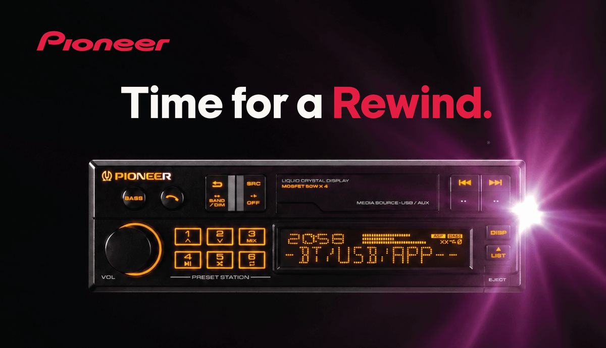 Pioneer retro receiver with text Time for a Rewind on a black backround
