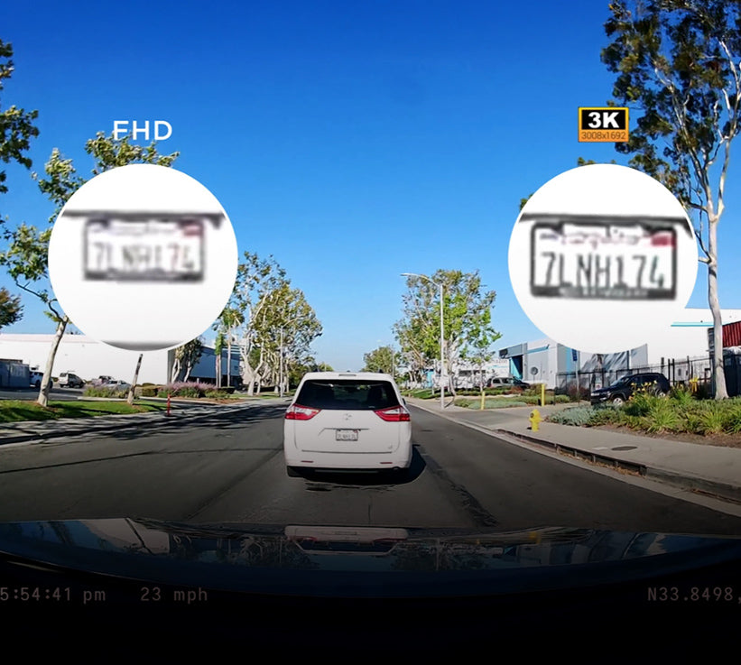 A car dashboard camera view on a sunny day, showing a white minivan ahead on a road with trees and buildings. Two large white circular overlays highlight license plates with the text 'FHD' on the left and '3K' on the right.
