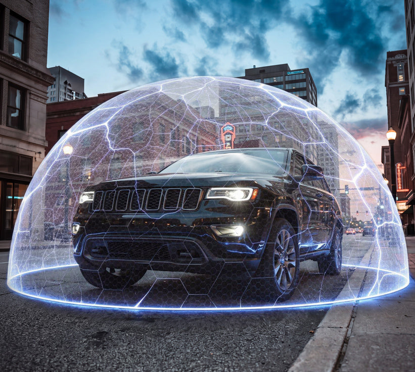 A black Jeep Grand Cherokee is shown on a city street at dusk, fully enclosed under a transparent dome with glowing blue protective lines and a hexagonal grid pattern.