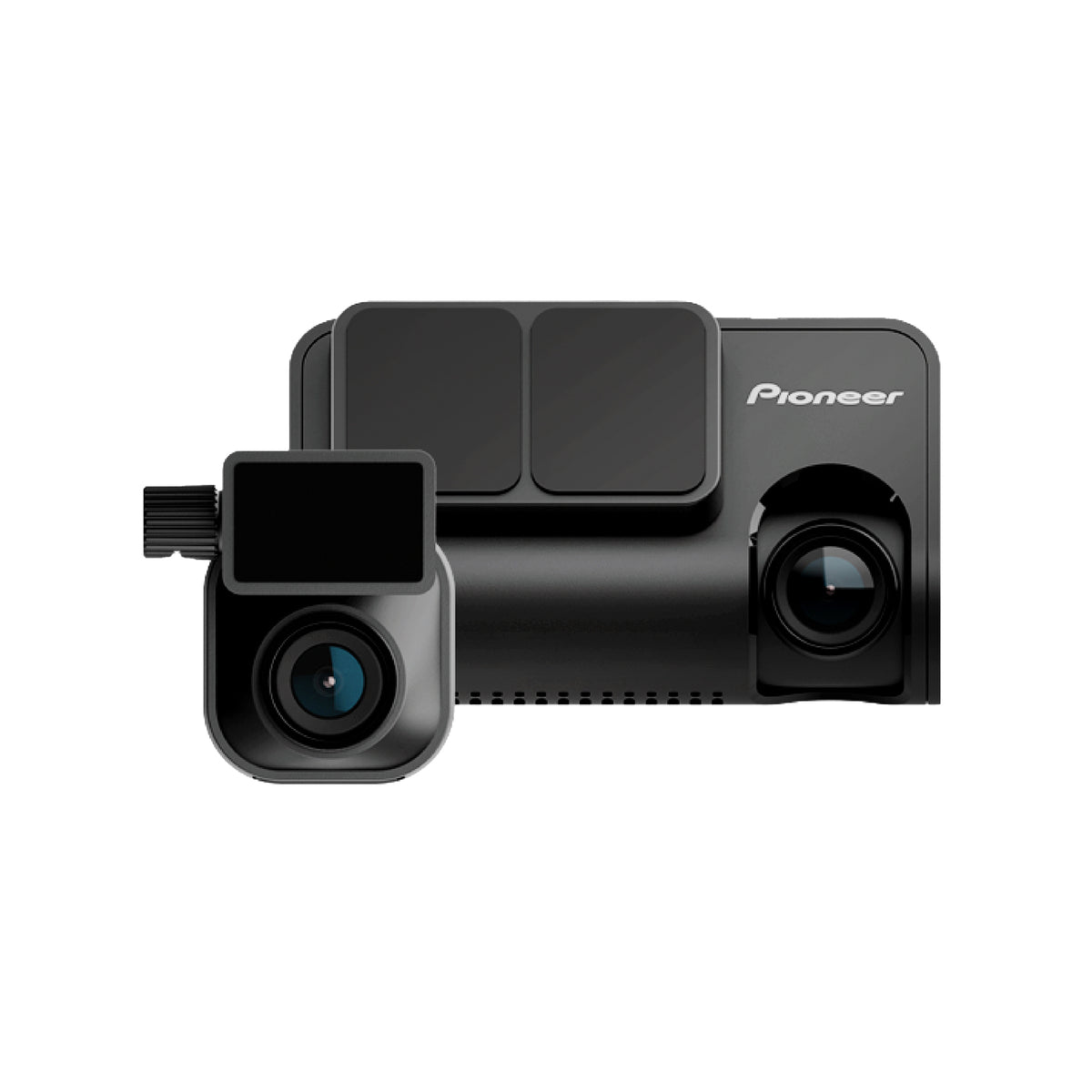 Pioneer dash cam camera kit with a rear main unit, front monitor screen, and two rear lights, shown on a solid white background.