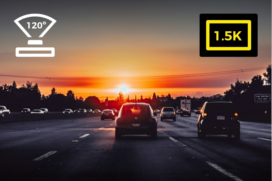 Sunset on a highway with cars and traffic light icons displaying '120°' and '1.5K'.