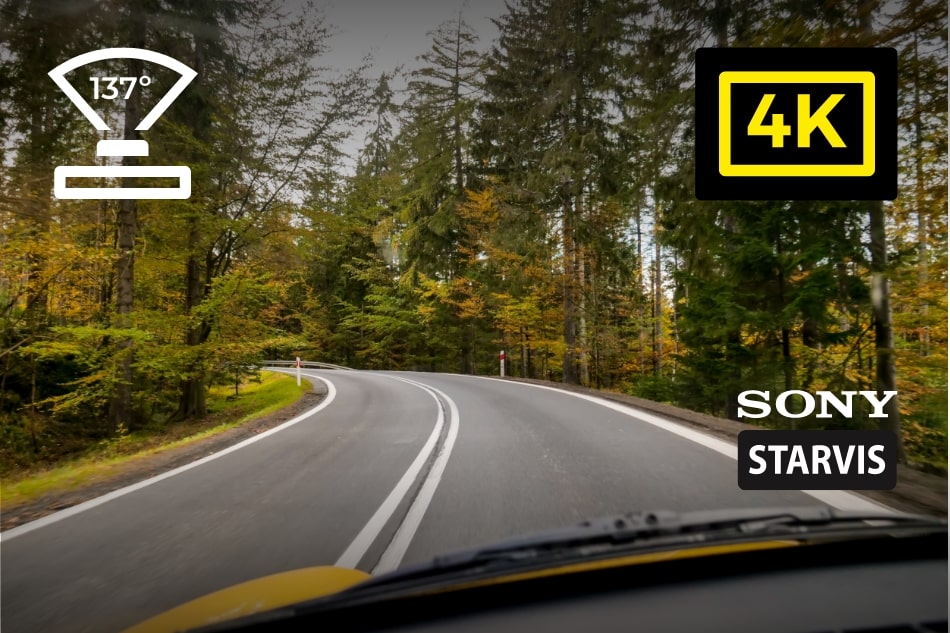Winding road through a forest with Sony Starvis logo and 4K quality indicator.