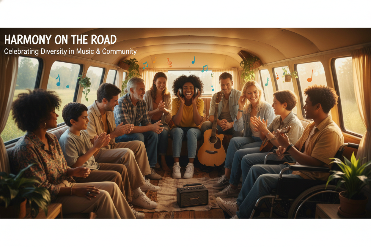 Sound and culture blog banner. With people from all walks of life and races listening to music while in a van. Showcasing diversity in the music world