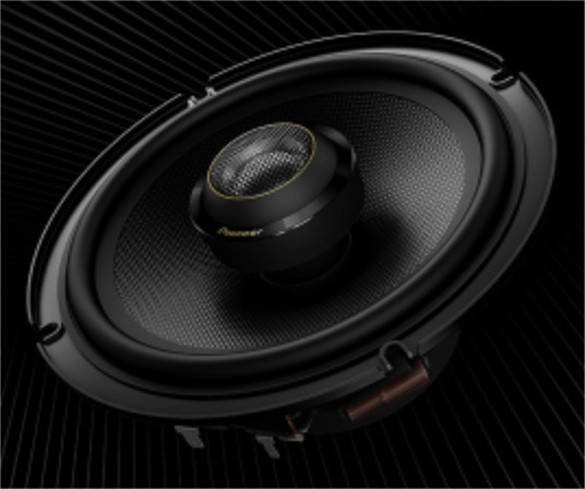 Car speaker with Pioneer logo on a black background