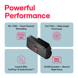 A black car dash camera with a red power button, shown on a light gray background with promotional text and feature callouts for 3K FHD dual-channel recording, 144° FOV wide-angle lens, CarPlay and Android Auto control, and 64GB storage.