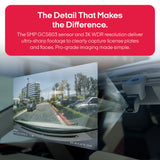 A car-mounted camera device shown installed on a dashboard, with a projected laser beam graphic indicating illumination. A large red text banner at the top describes the sensor and 3K WDR resolution, and a rearview mirror view appears below showing a street scene.