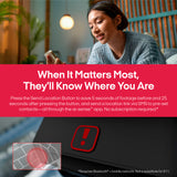 Promotional graphic for a location-sharing alarm feature, showing a woman looking at her phone in a bedroom setting, a bright red text banner in the middle, and a close-up of a black alarm device with a red send-location button. Text explains saving 5 seconds of footage and sending a location link via SMS through the ai-sense app.